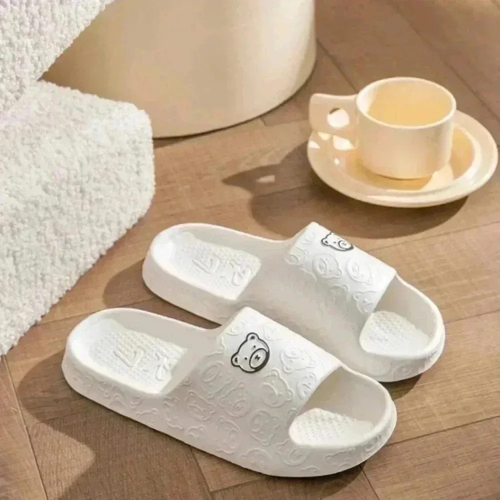 Cute bear flip flops indoor shoes White slip-ons plush cushion women's girls